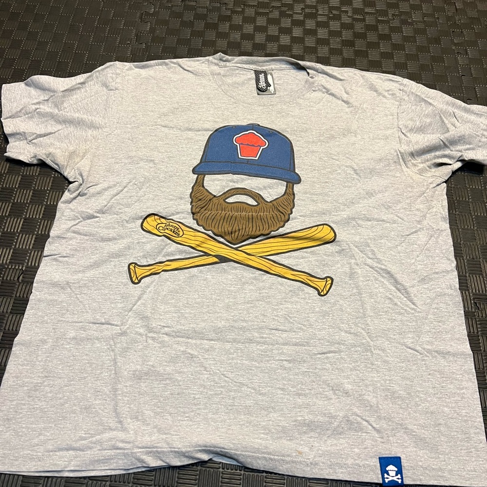 Johnny Cupcakes Gray T‑Shirt with Blue Cap, Red Cupcake Logo and Yellow Bats